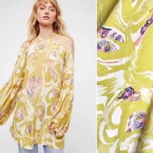 Free People dress lime green floral DRIFT AWAY COLD SHOULDER mini‎ XS